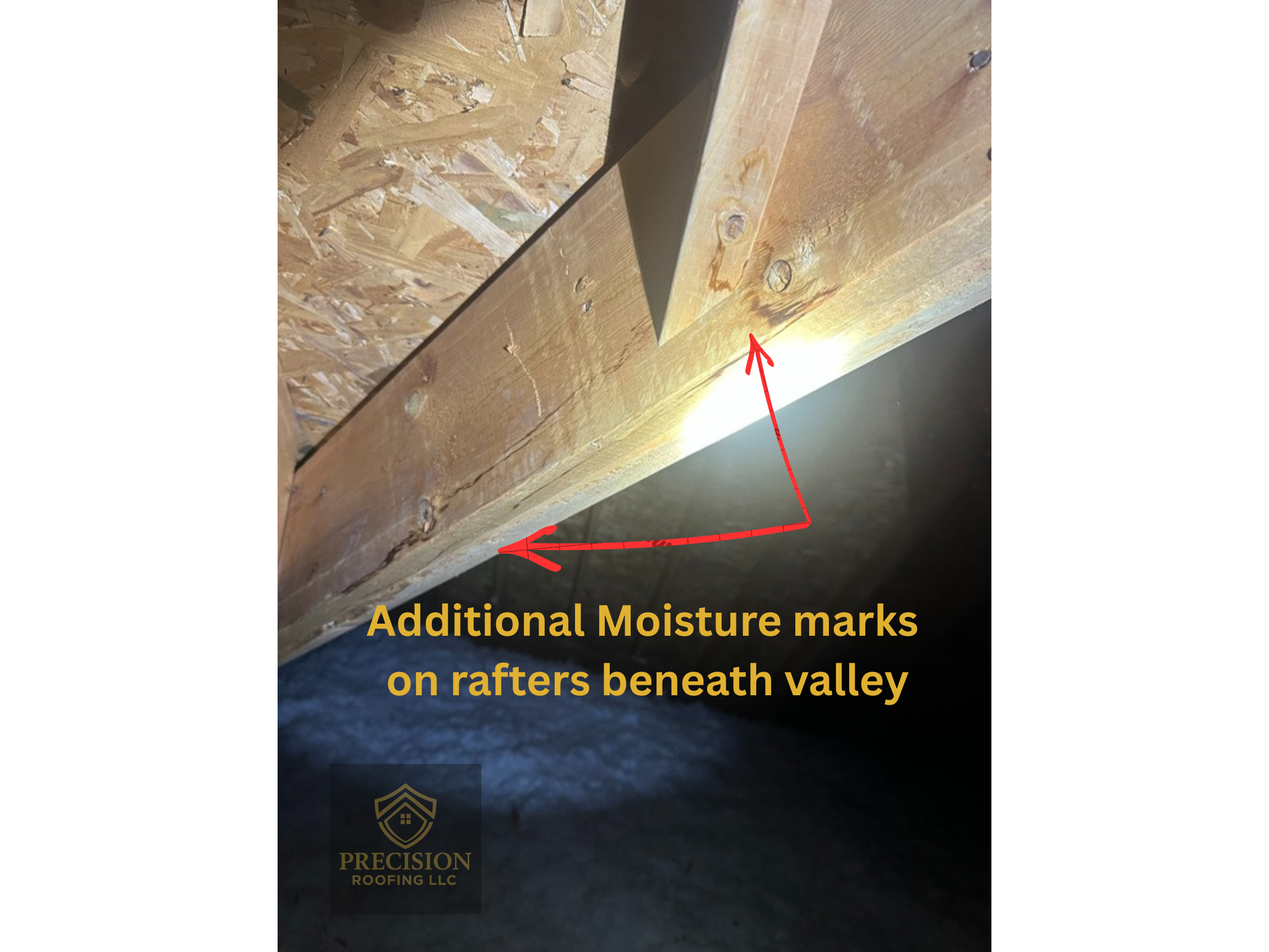 Attic evidence supporting likely roof leak area beneath valley