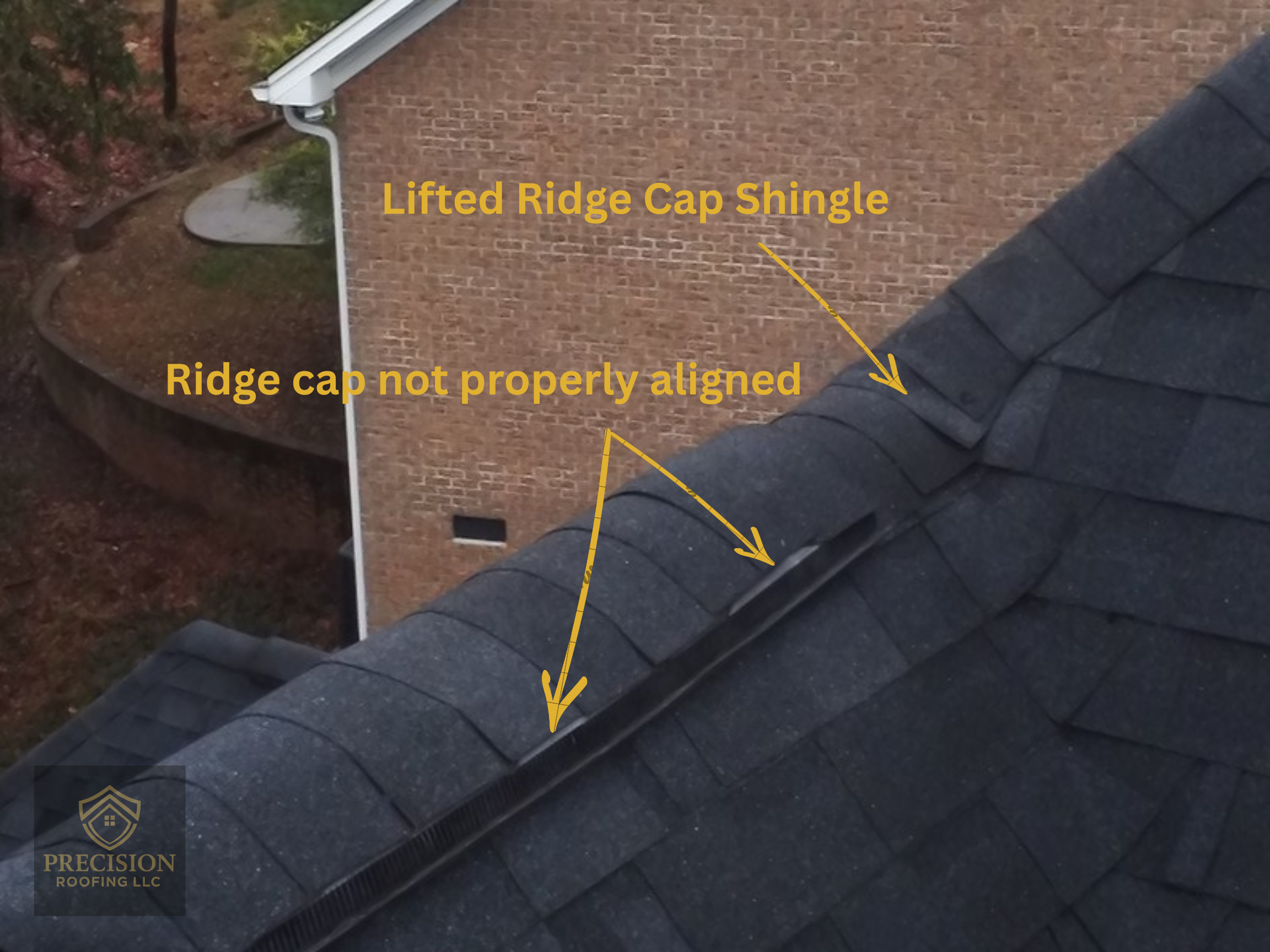 Drone inspection showing lifted ridge cap shingles in Gastonia NC