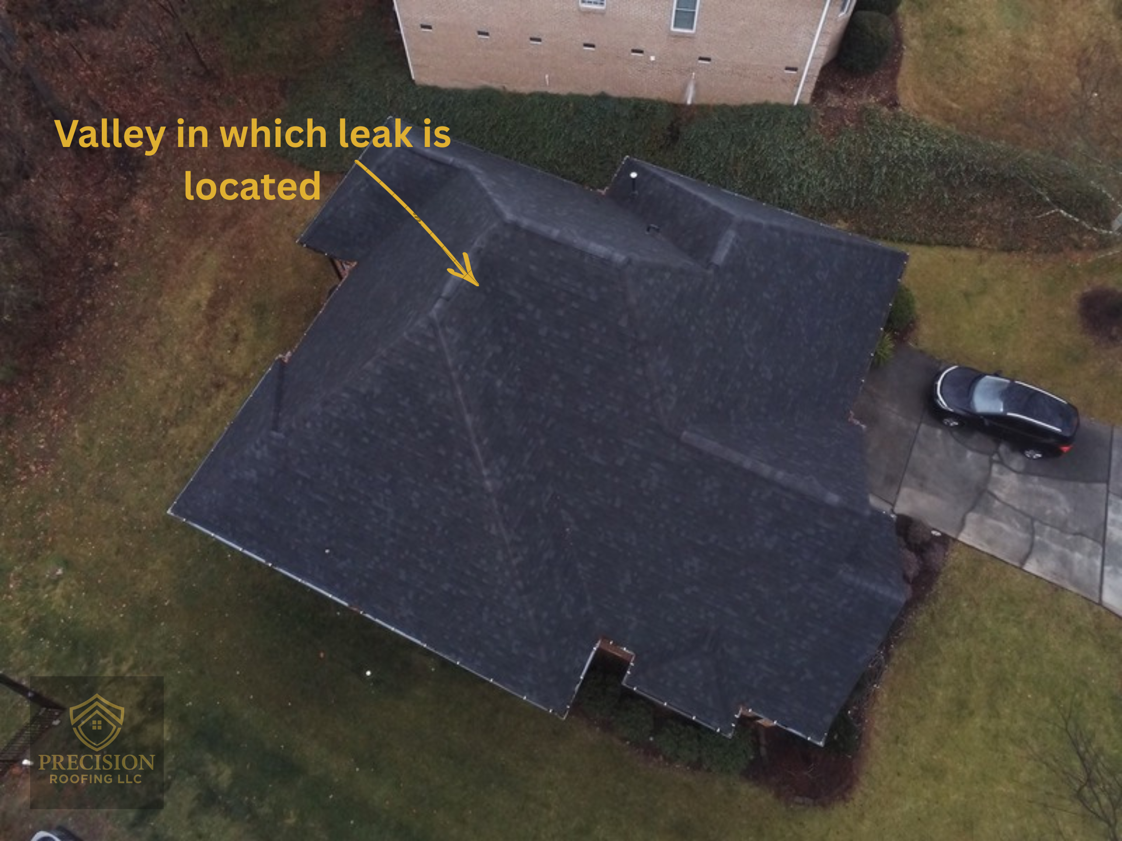 Marked-up drone inspection showing storm-related roof valley area associated with leak path
